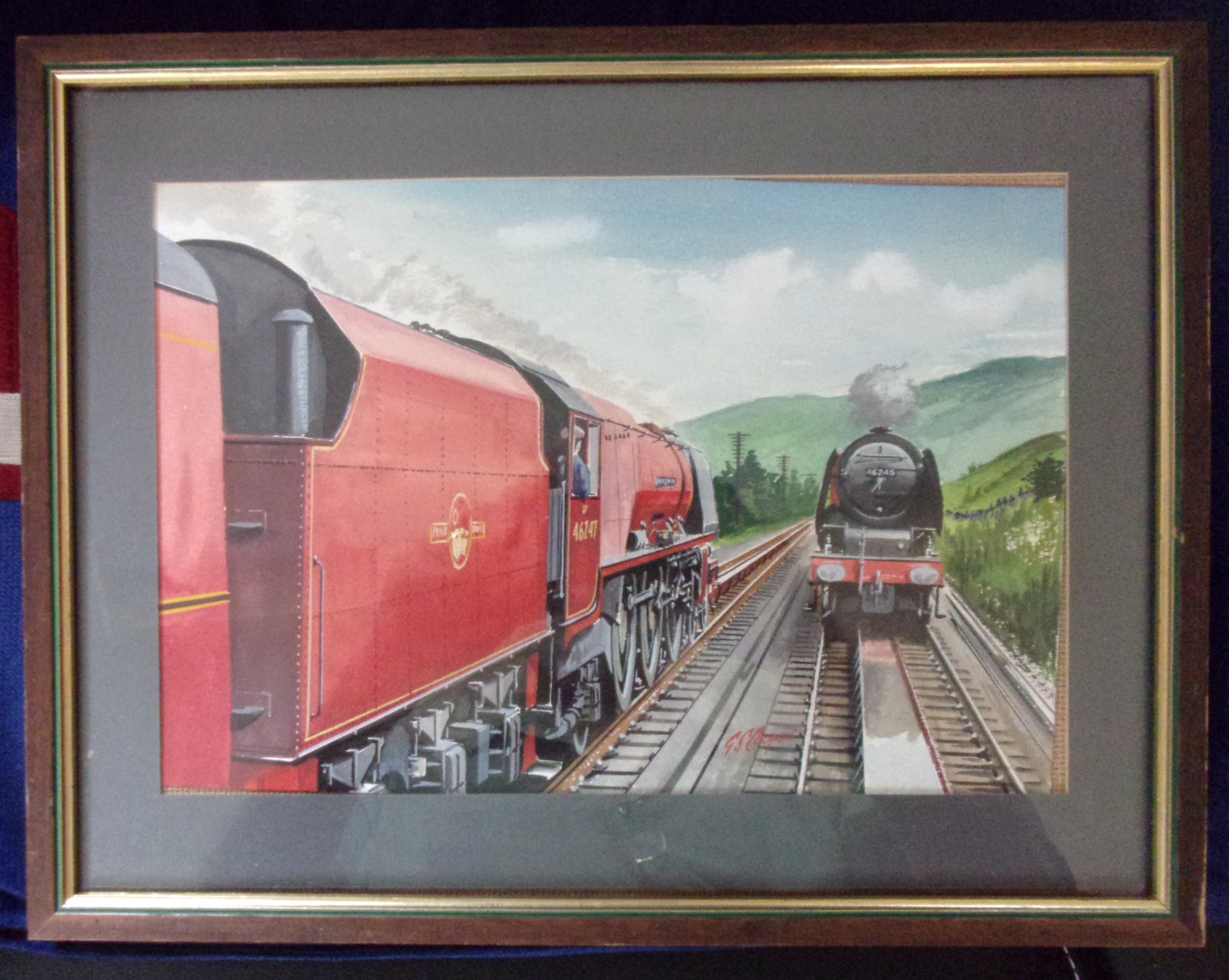 Original Artwork Watercolour depicts Coronations passing on Beatock Bank. Late 1950s, City of London on the down. City of Liverpool on the Up. By G.S. Cooper. 11" x 7". Framed & glazed.
