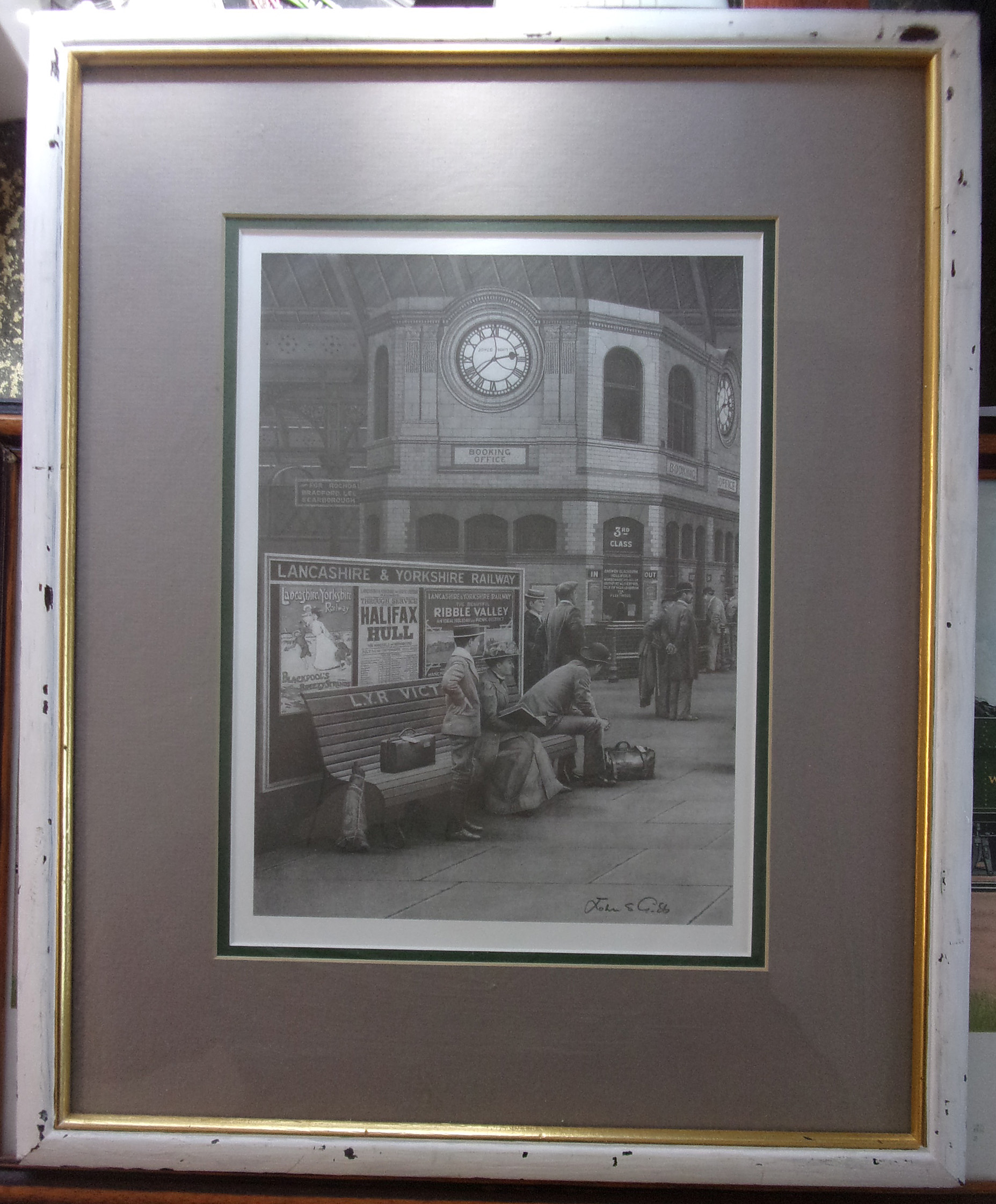 Beautifully excecuted pencil drawing print of Manchester Victoria Station, during Edwardian Times. Framed & glazed. Image 7" x 10". By John Gibb.