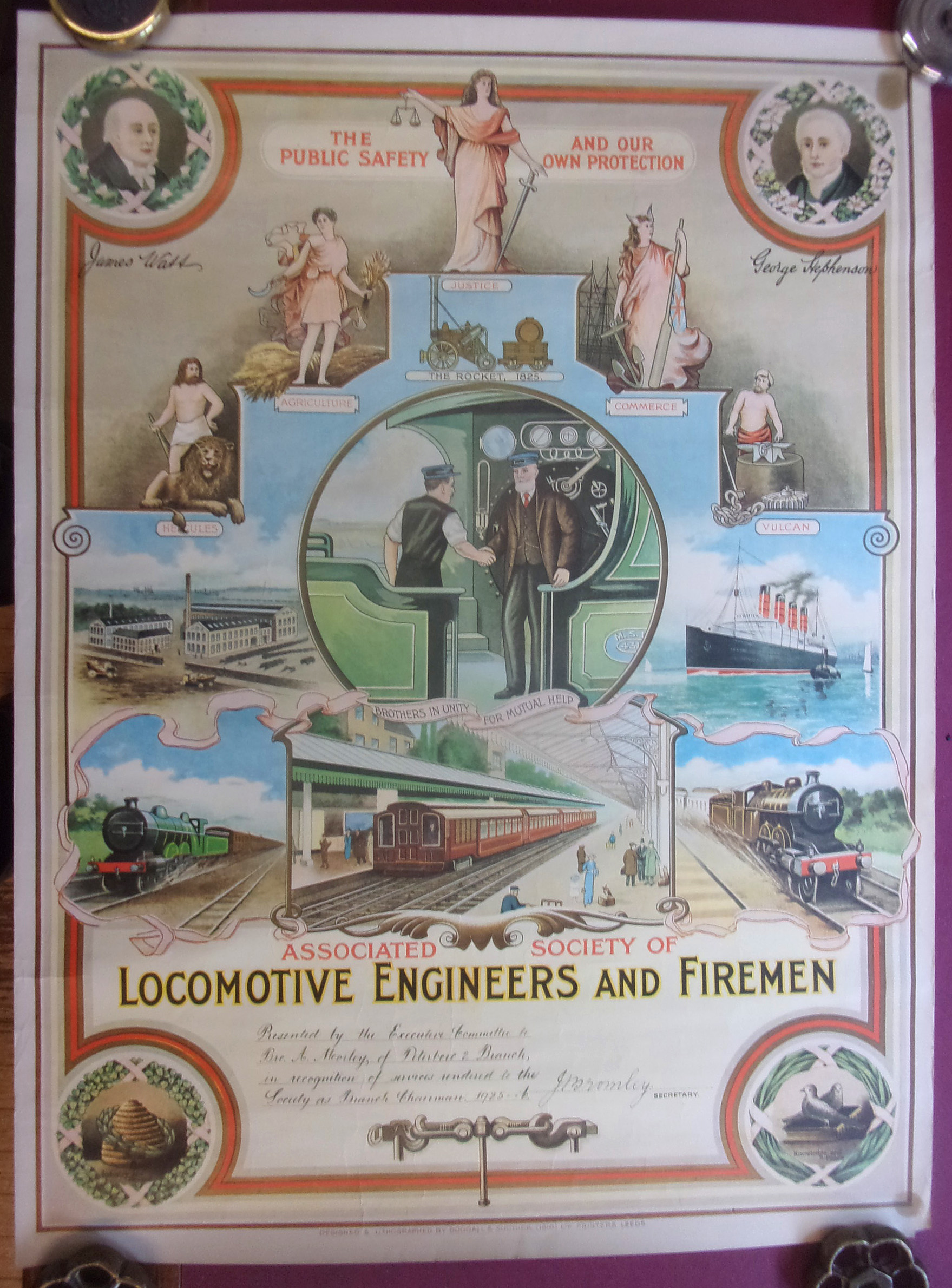 Locomotive Engineers and Firemans Certificate awarded to A Morley of Peterborough Branch in recognition of service of Branch Chairman 1925".  Small loss to RH bottom corner, does not detract.  24" x 18".  Very good colours, no fading.