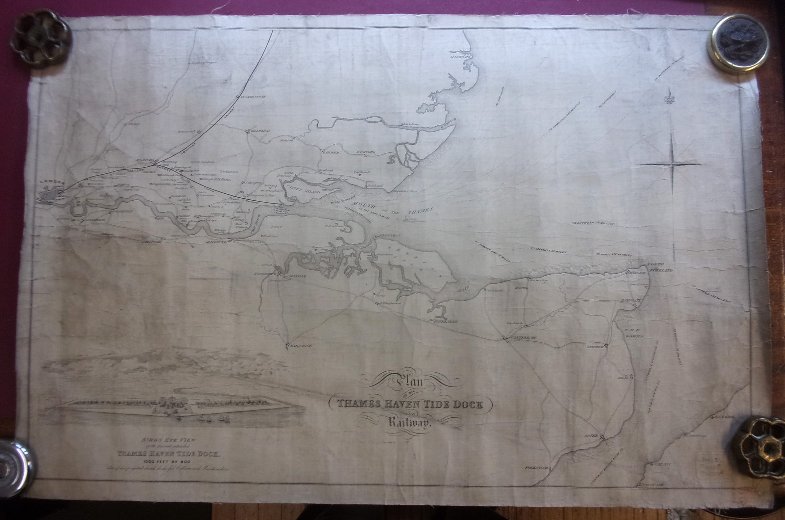 Plan of the Thames Haven Tide Dock and Railway, official, embossed stamped, drawing room diagram on linen. 30" x 12".