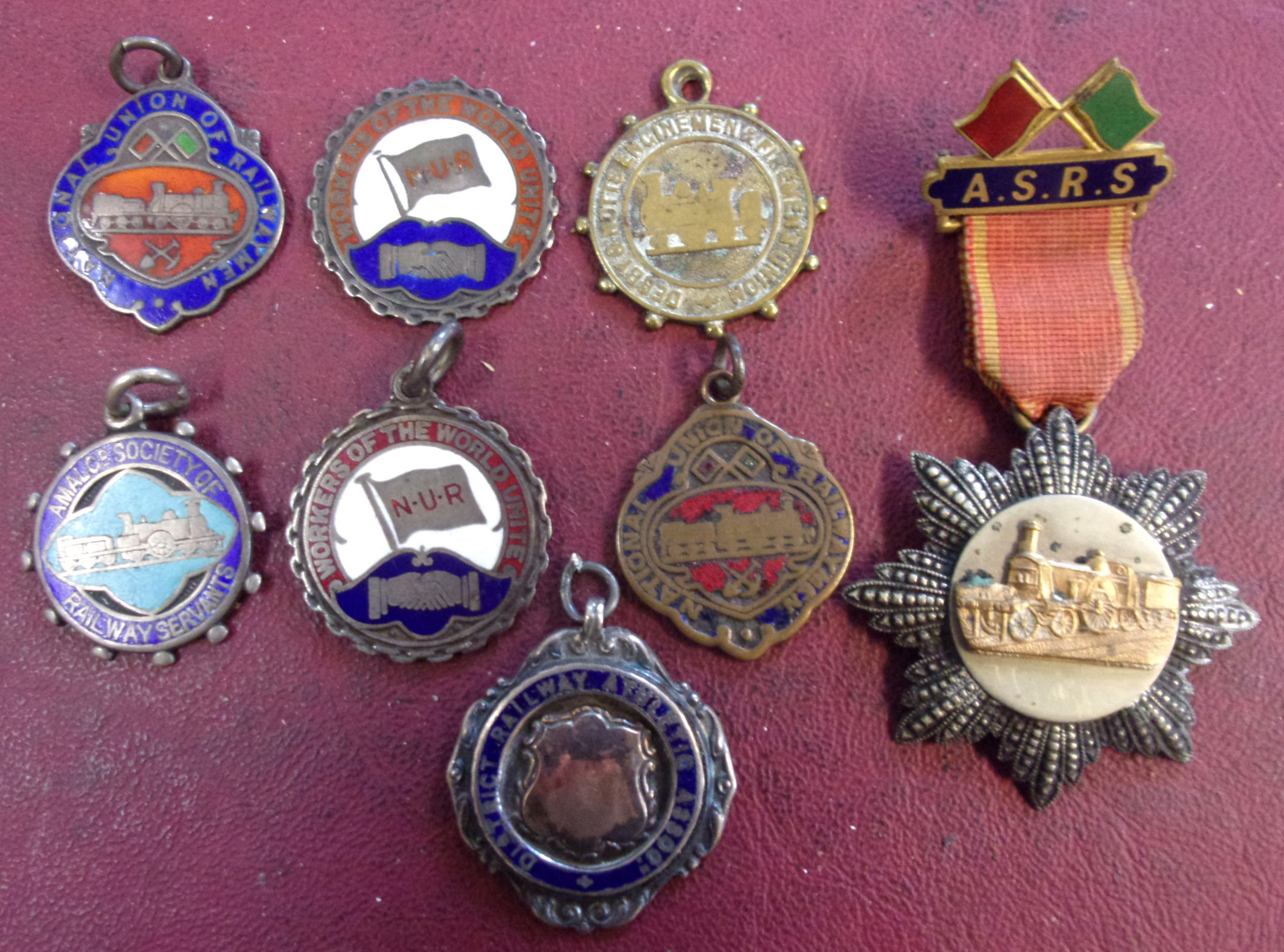 Group of Albert Fobs, various Railway Unions with a medal, some silver, others embossed brass etc.