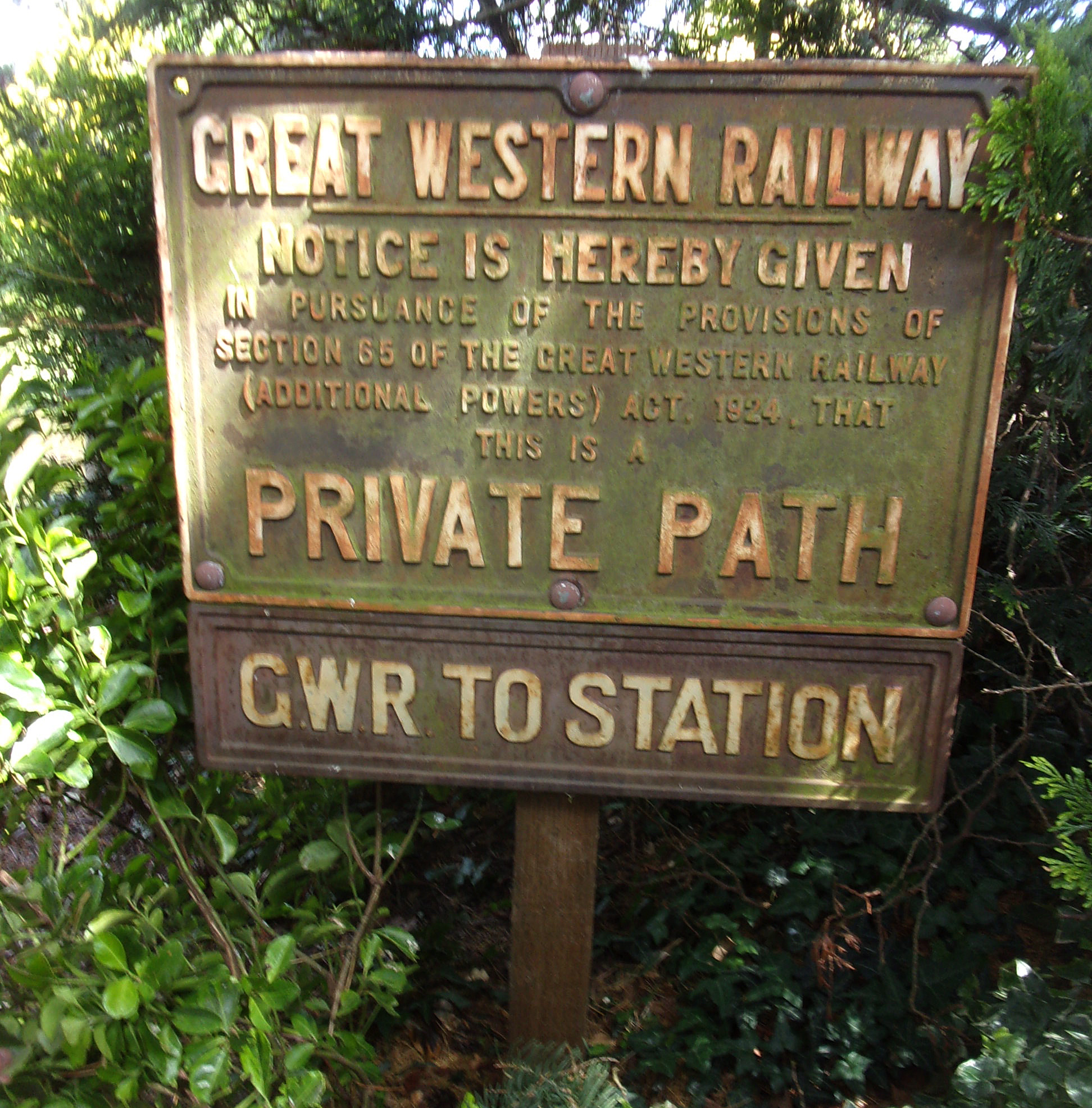 Cast iron sign "GREAT WESTERN RAILWAY PRIVATE PATH", to be sold in situ, Poynton area of Cheshire.  Rare sign 25" x 22".