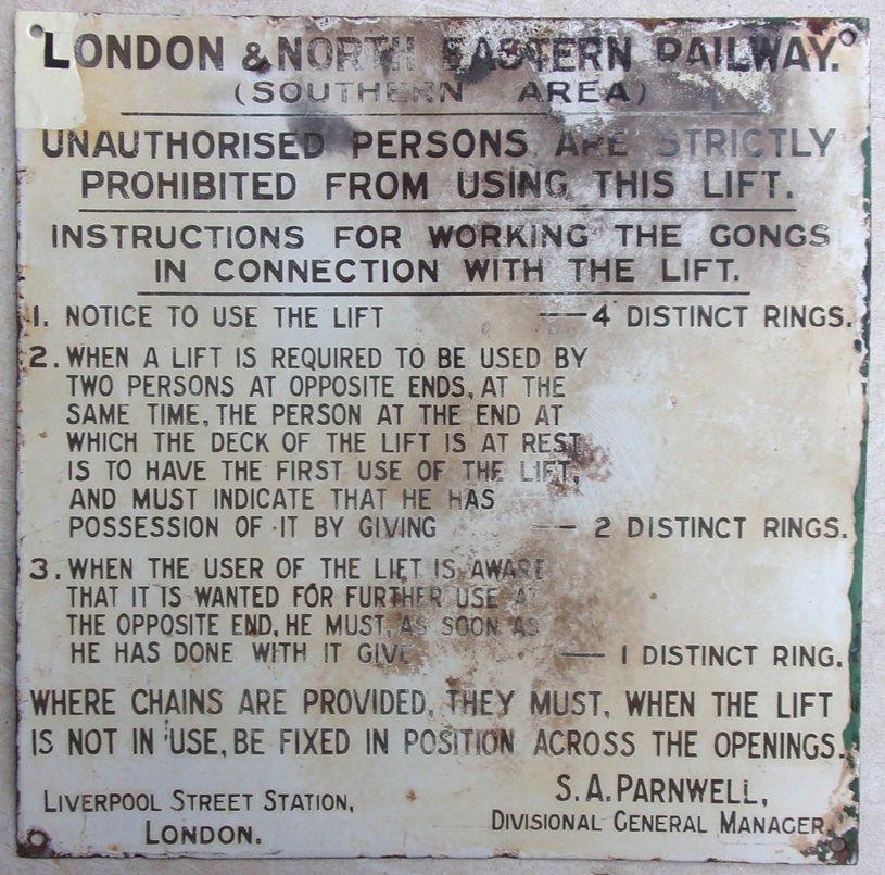 LNER enamel sign Southern area, ref to Lifts. 14" x 14".