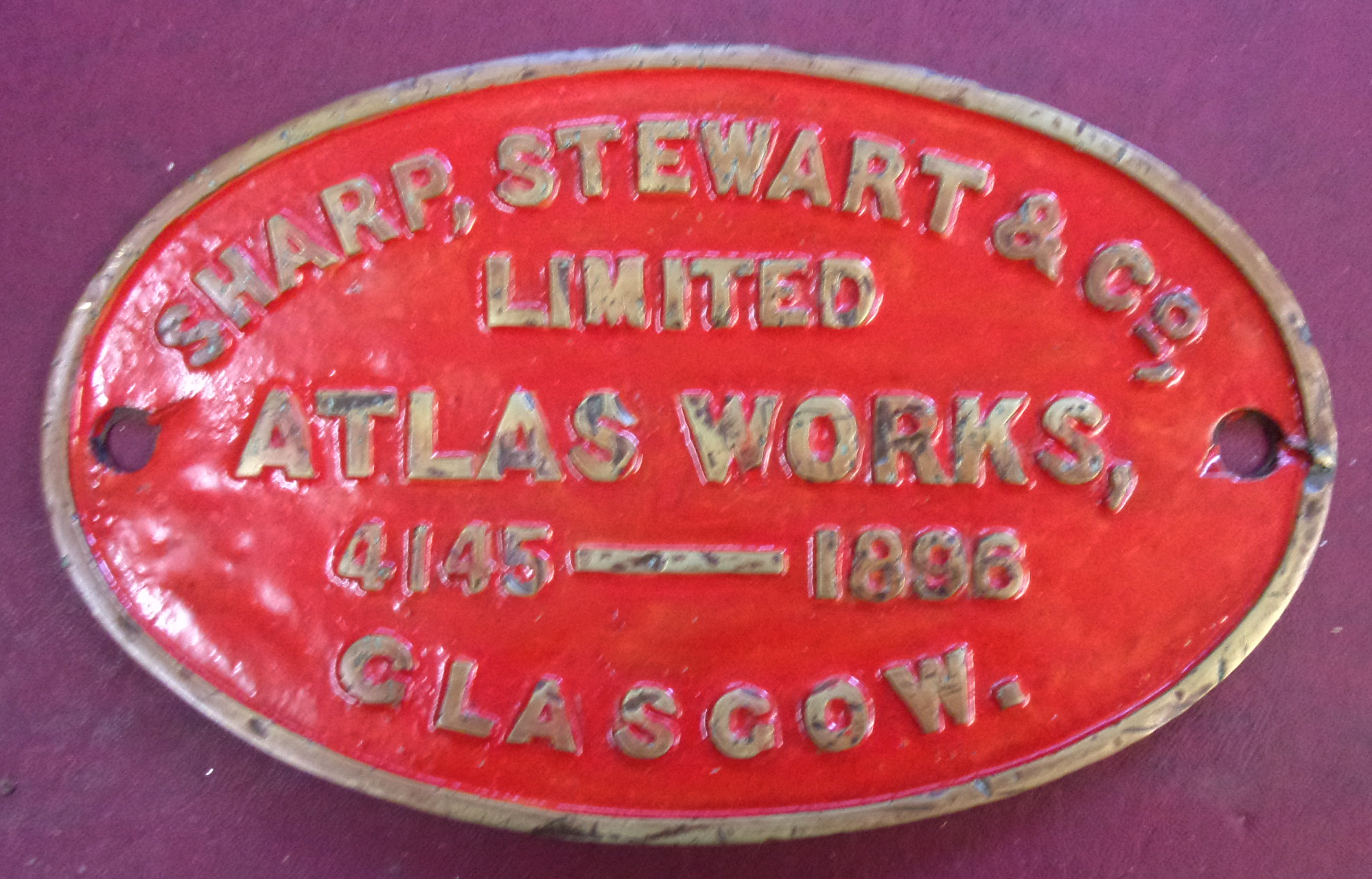 Locomotive Worksplate "Sharp, Stewart & Co Limited Atlas Works, Glasgow 4145-1896, as carried by Cape Government Rly Class 7A 4-6-0, numbered 385. One of eight built for the Midland System. Face repainted, ex loco back. 9.75" x 6".
