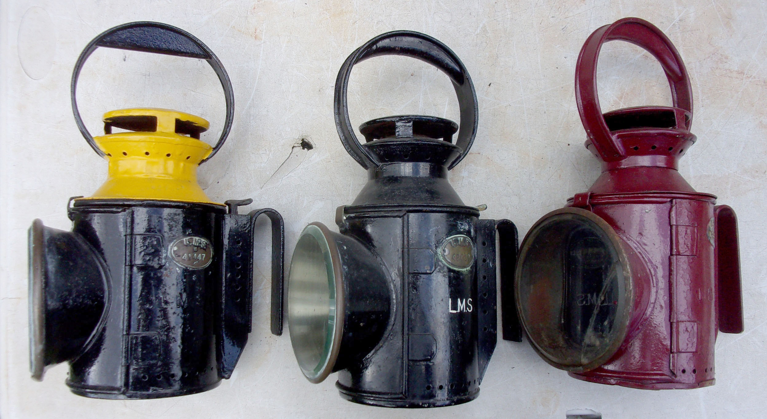 3 x LMS Handlamps, complete with all glasses, vessels & burners, all plated.