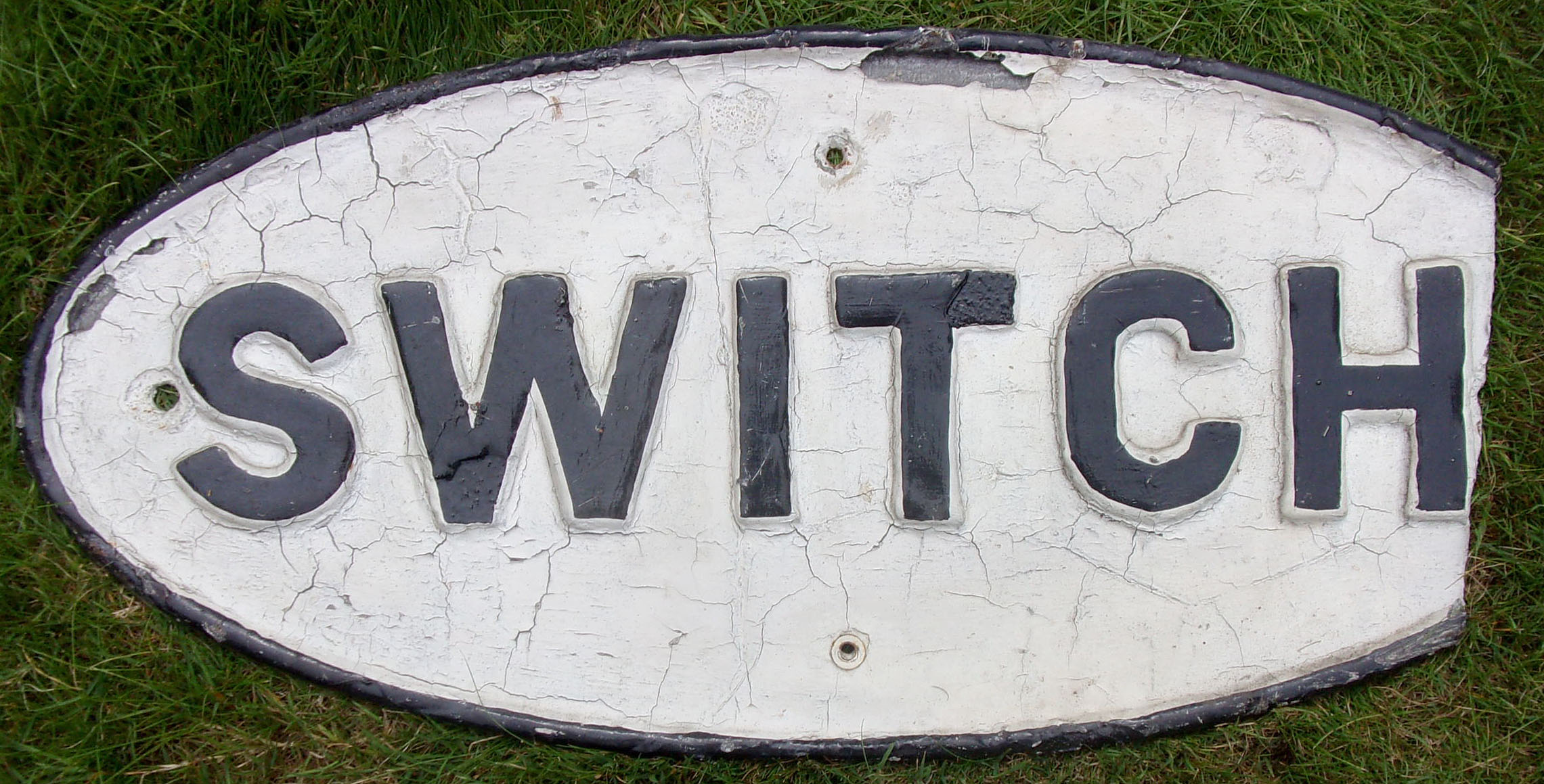 L&NWR cast iron sign "SWITCH", ex Bolton Great Moor St Stations, sadly right hand end missing. Otherwise, sound.