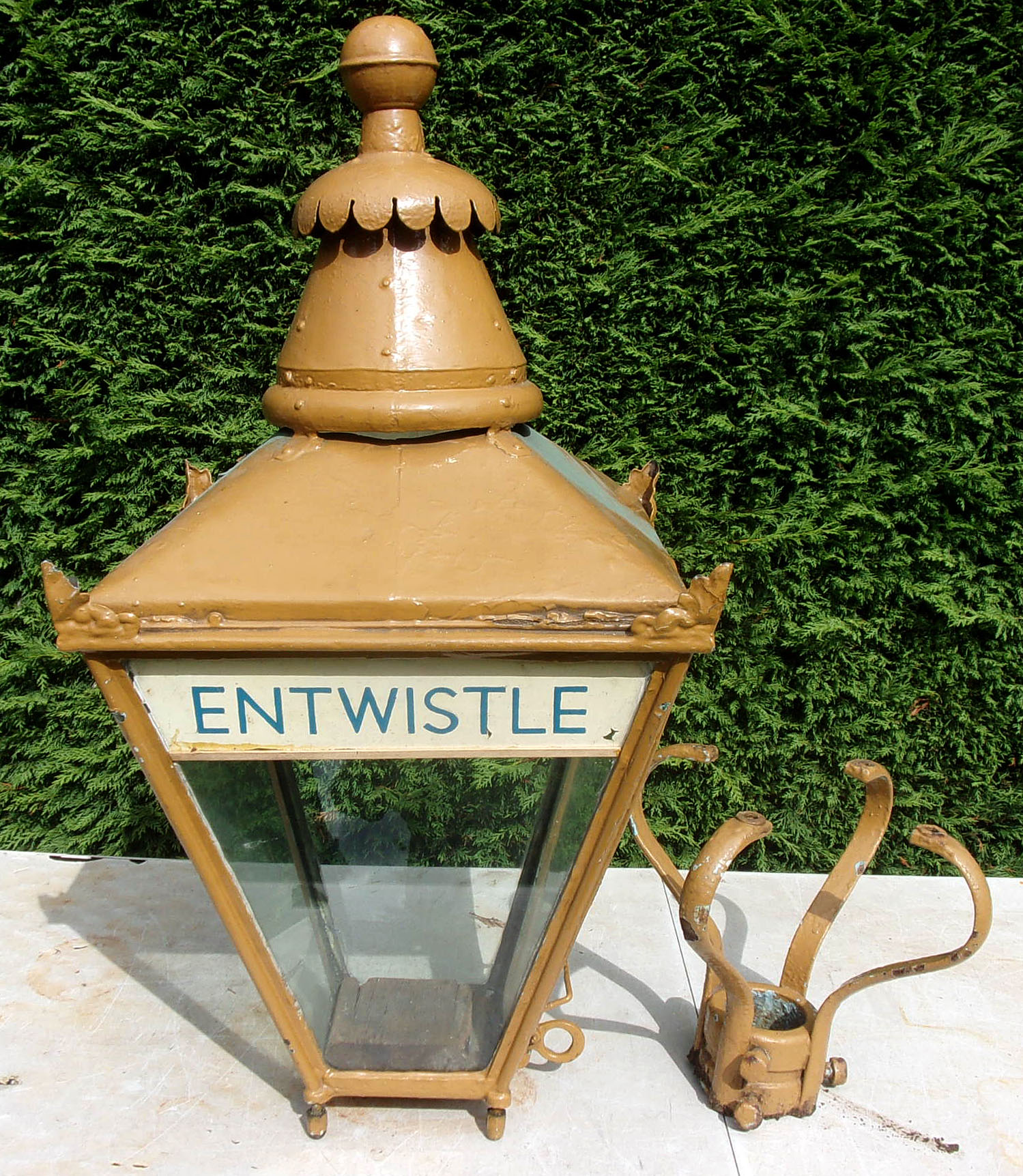 L&YR Station Lantern from Entwistle Station (Bolton to Blackburn Line) with original station name panel. In sound condition, accompanied with its post top frog.