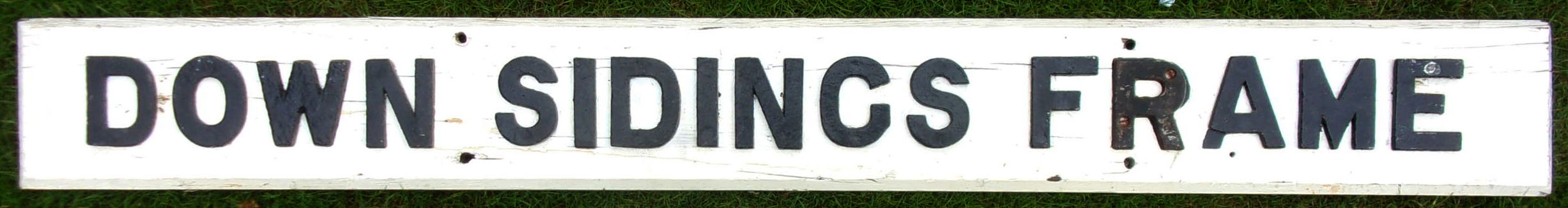 Ground Frame Nameboard "DOWN SIDINGS FRAME", wooden backboard, metal letters. Sound, no rot or worm. 54" x 6".