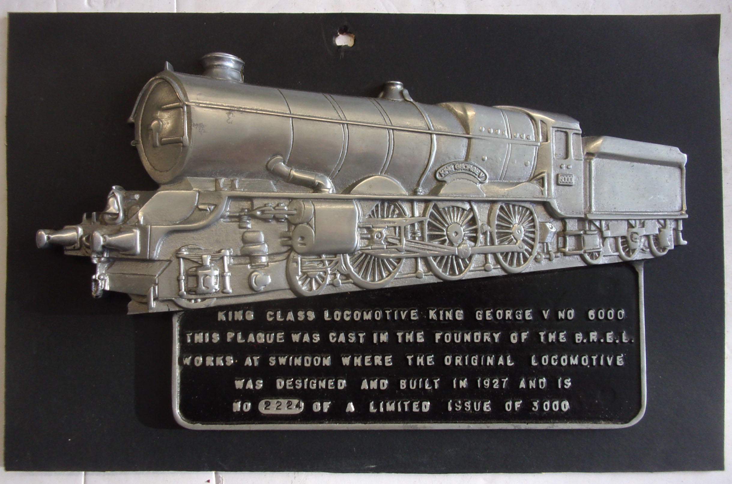 Swindon Works, cast aluminium plaque, Kings Class Loco, cast by B.R.E.L. No. 2224 of Limited Issue of 3000.