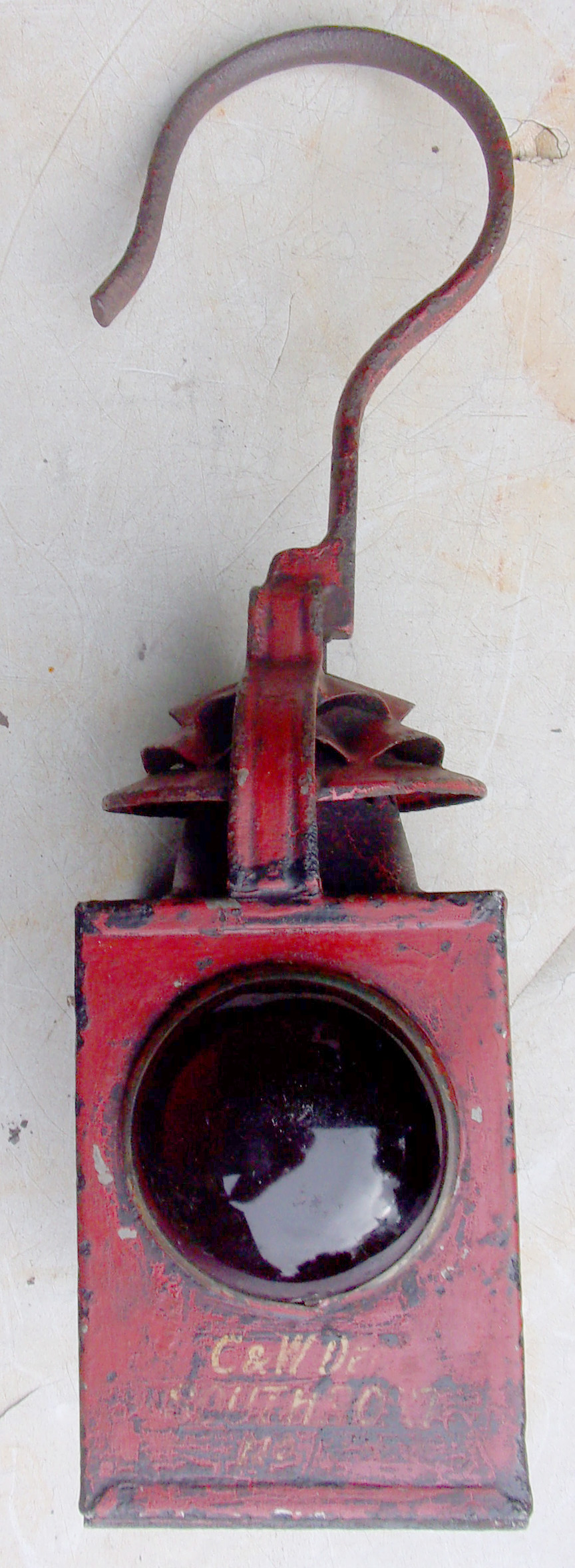 LMS Splitter Lamp, marked "C&W DEP SOUTHPORT", also embossed "LMS". 2 x very good clear red bullseye lenses and original vessel & burner.
