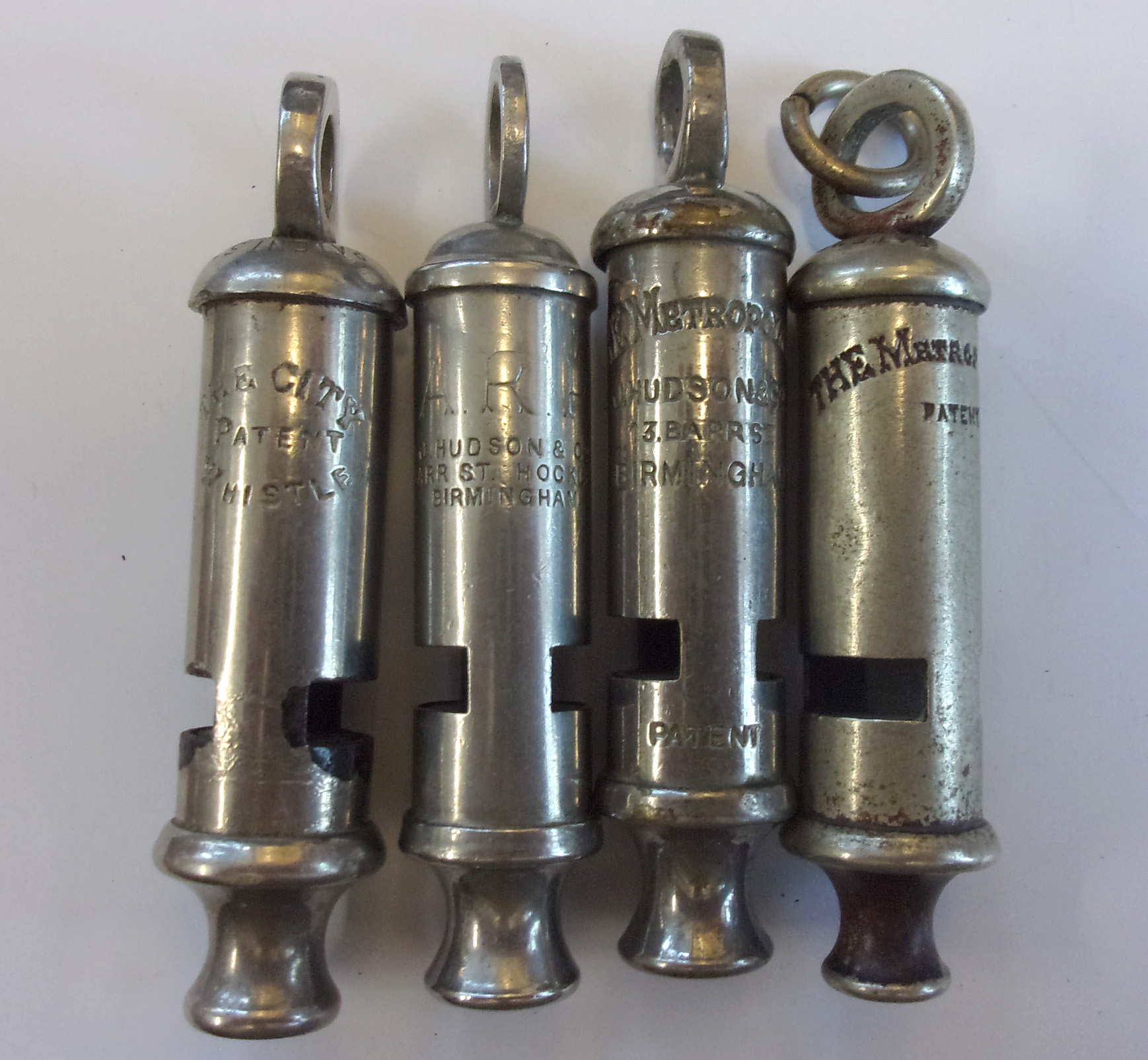 4 x Barrel Whistles, Police type, as pictured. V.g.c.