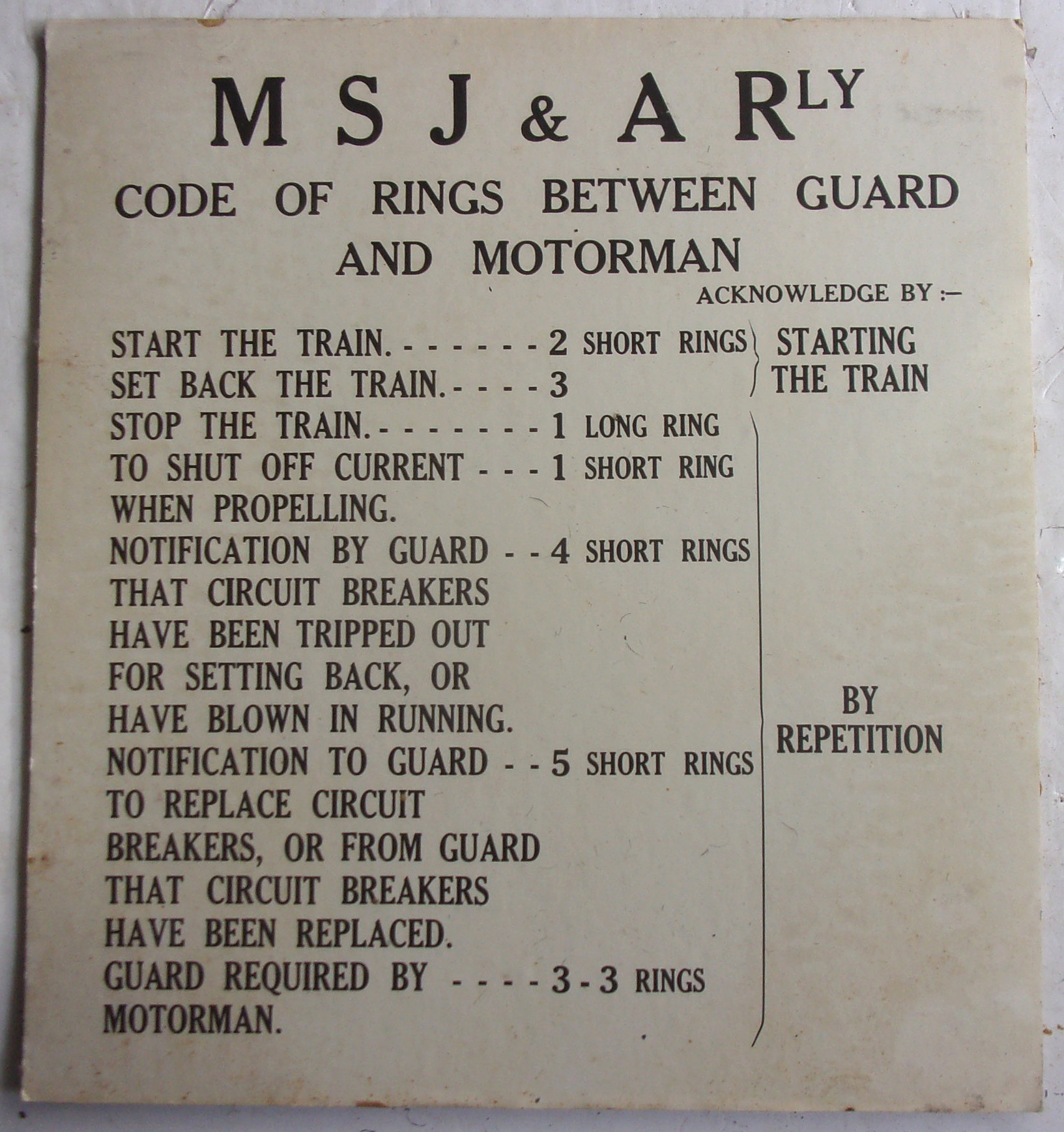 "Manchester South Junction & Altrincham Railway" Cab Notice for Motor man & guard, on heavy card,. This will be from their electric units. V.g.c. 11" x 12".