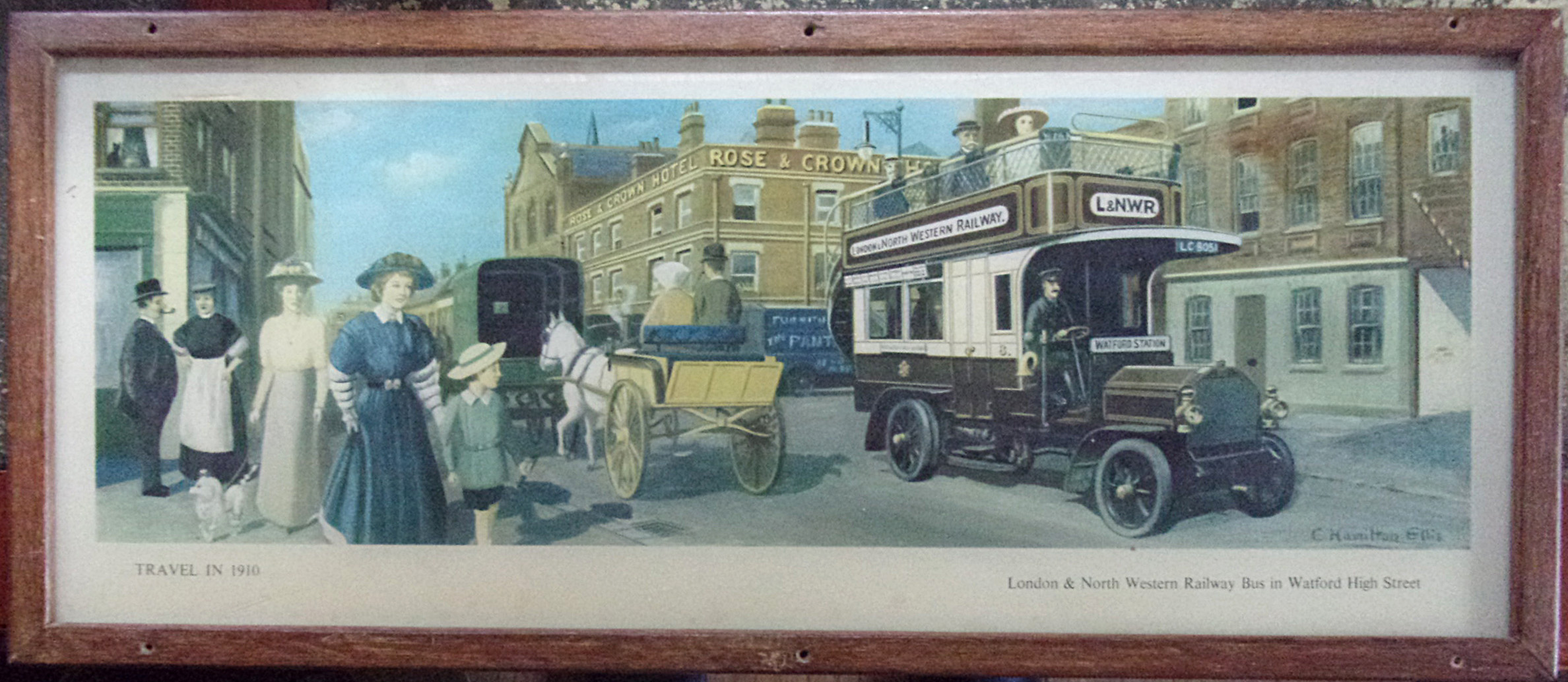Hamilton Ellis Carriage Print "Travel in 1910" London & North Western Railway Bus in Watford Street" Framed & glazed.